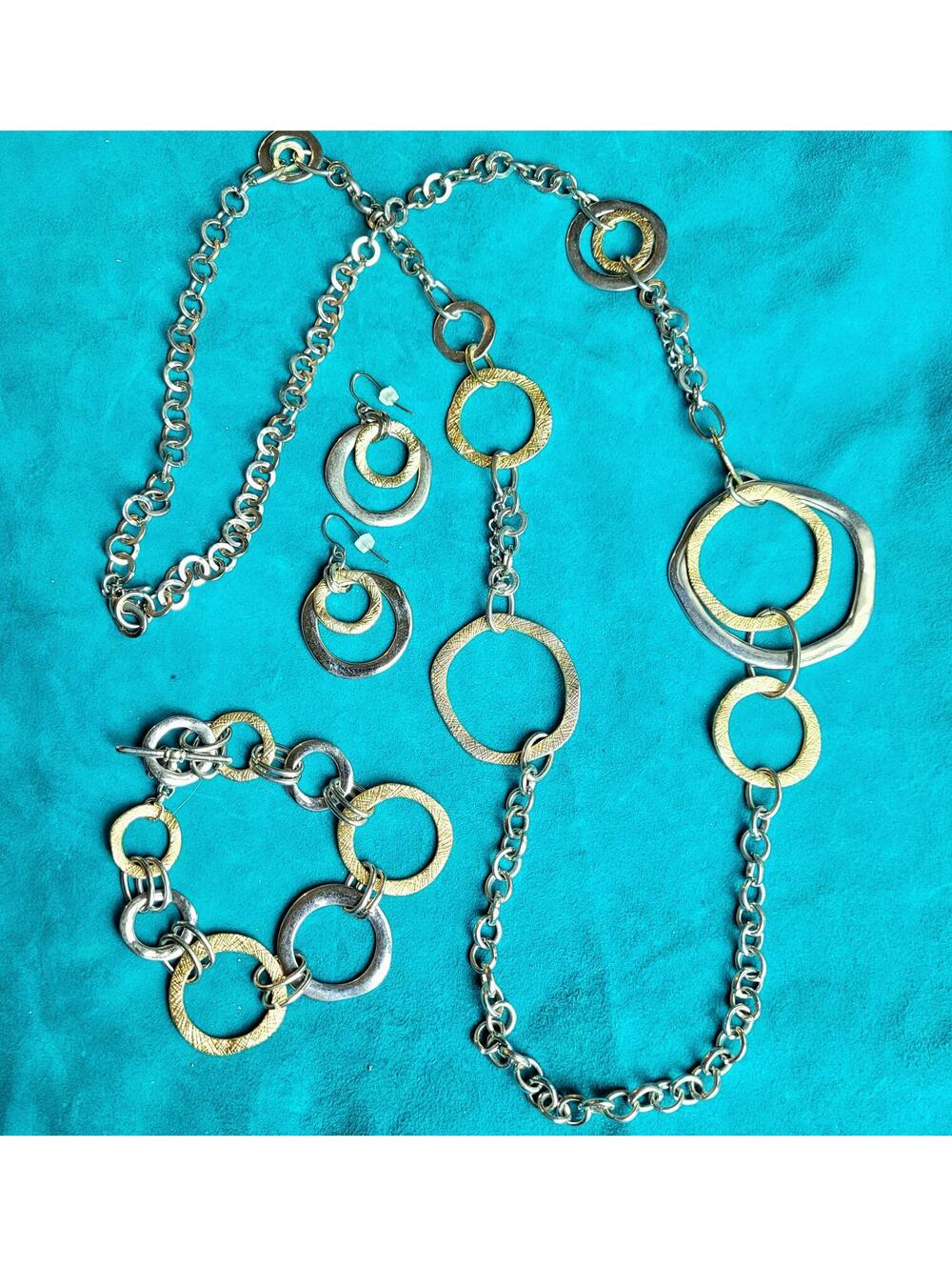 Two-Tone Circular Link Necklace, Bracelet, and Earrings Set